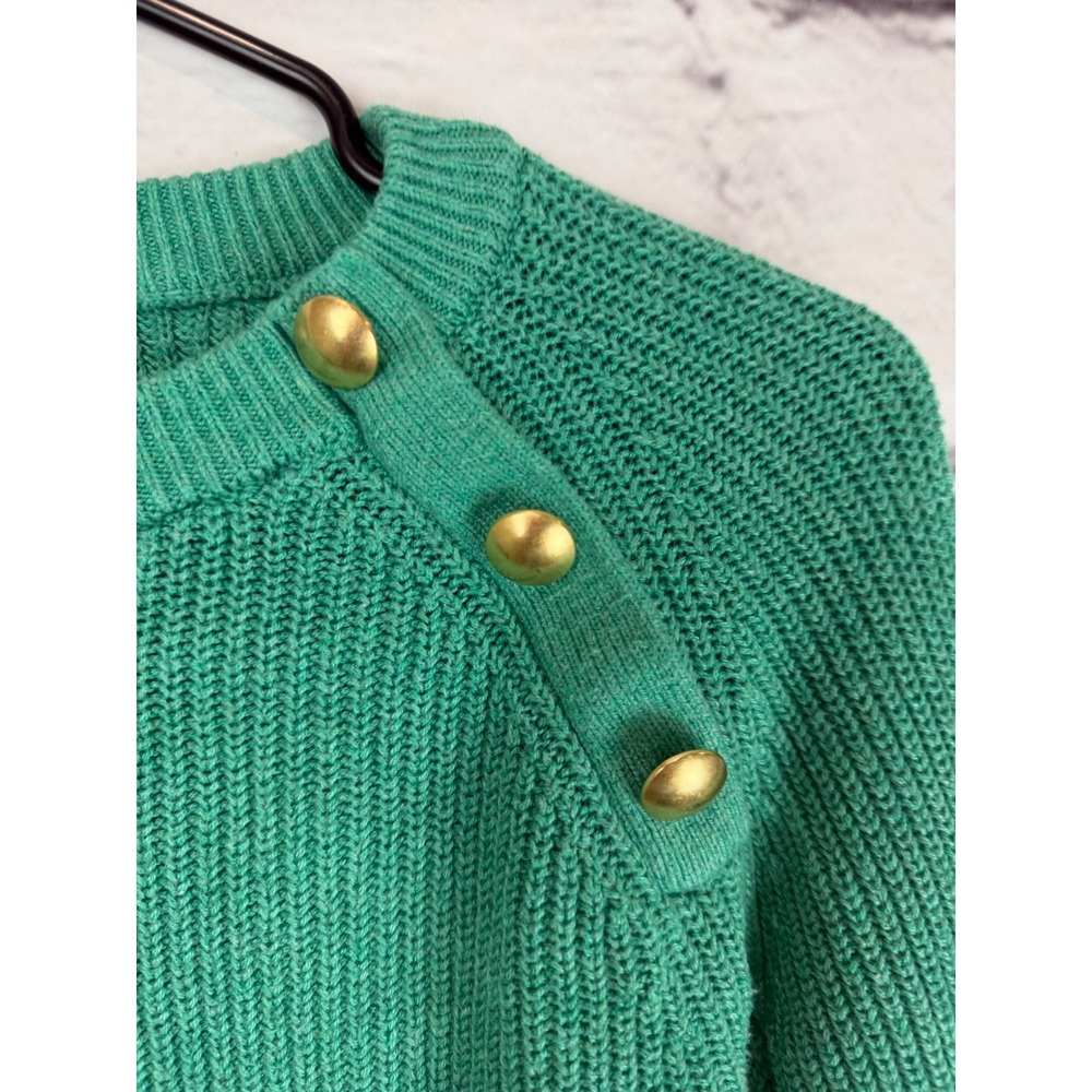 J.Crew Green Cotton Blend Shaker Stitch Shoulder Button Sweater XS Gold Buttons - Picture 3 of 9